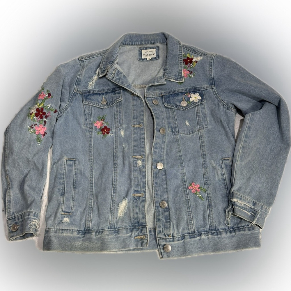 Embroidered Distressed Light Wash Wax Jeans Trucker Style Jacket Size S